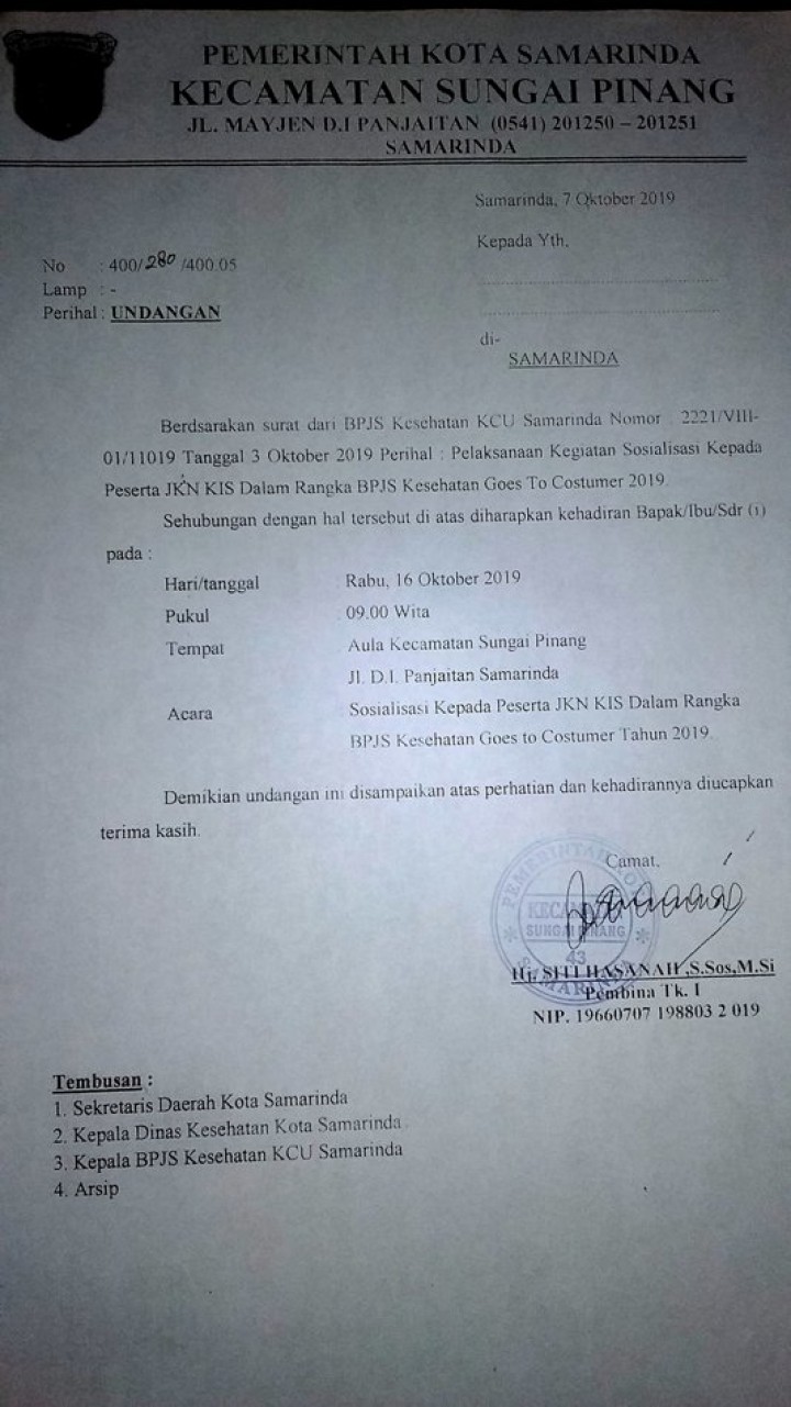 Sosialisasi Kepada Peserta JKN KIS Dalam rangka BPJS Kesehatan Goes To Costumer Tahun 2019 dihadiri oleh Kesra tanggal 16 Oktober 2019 di Aula Kecamatan Sungai Pinang pukul 09.30 Wita