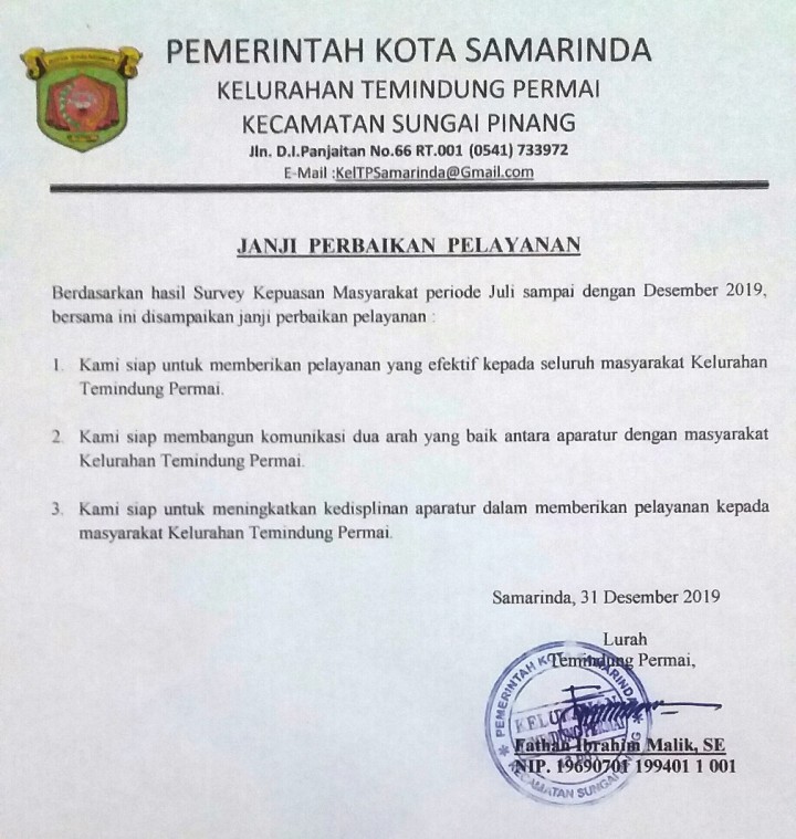 Janji Perbaikan Pelayanan Kelurahan Temindung Permai
