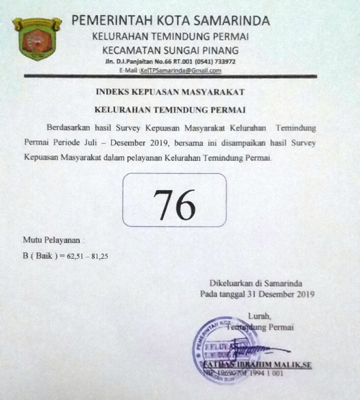 Hasil Indeks Survey Kepuasan Masyarakat periode Juli s/d Desember tahun 2019