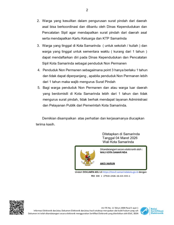 Samarinda – Menindaklanjuti Surat Edaran Wali Kota Samarinda Nomor: 400.12.2.1/0622/100.13 tertanggal 4 Maret 2026 tentang Pindah Datang, pihak Kelurahan Temindung Permai mengimbau seluruh Ketua RT untuk menyampaikan informasi penting kepada warganya.  Dalam imbauan tersebut ditegaskan bahwa warga yang telah berdomisili di wilayah Kota Samarinda, khususnya di Kelurahan Temindung Permai, selama lebih dari satu tahun diwajibkan untuk segera mengurus surat pindah dari daerah asal ke Kota Samarinda.  Langkah ini dilakukan sebagai upaya penertiban administrasi kependudukan serta memastikan data warga yang tercatat sesuai dengan kondisi riil di lapangan. Selain itu, kepemilikan dokumen kependudukan yang lengkap juga akan memudahkan warga dalam mengakses berbagai layanan publik.  Pihak kelurahan berharap para Ketua RT dapat berperan aktif dalam menyosialisasikan aturan ini kepada masyarakat, sehingga seluruh warga dapat segera menyesuaikan administrasi kependudukannya sesuai dengan ketentuan yang berlaku.