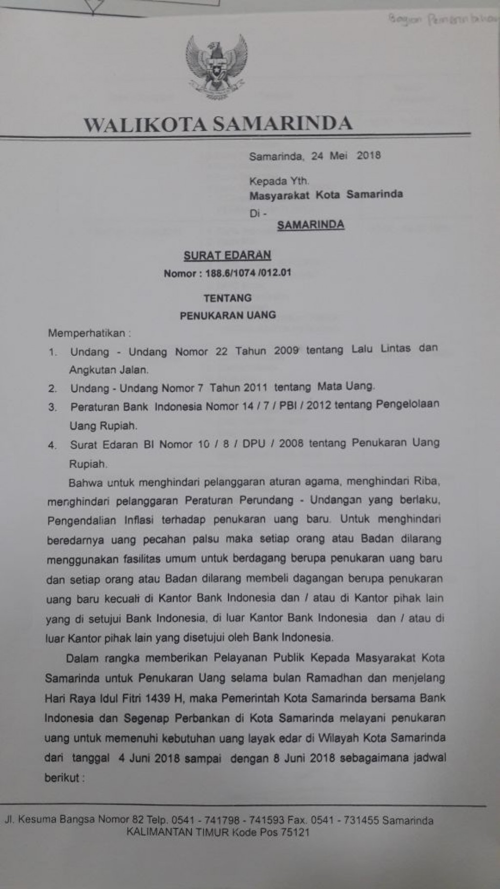 Surat Edaran Walikota Samarinda Mengenai Penukaran Uang