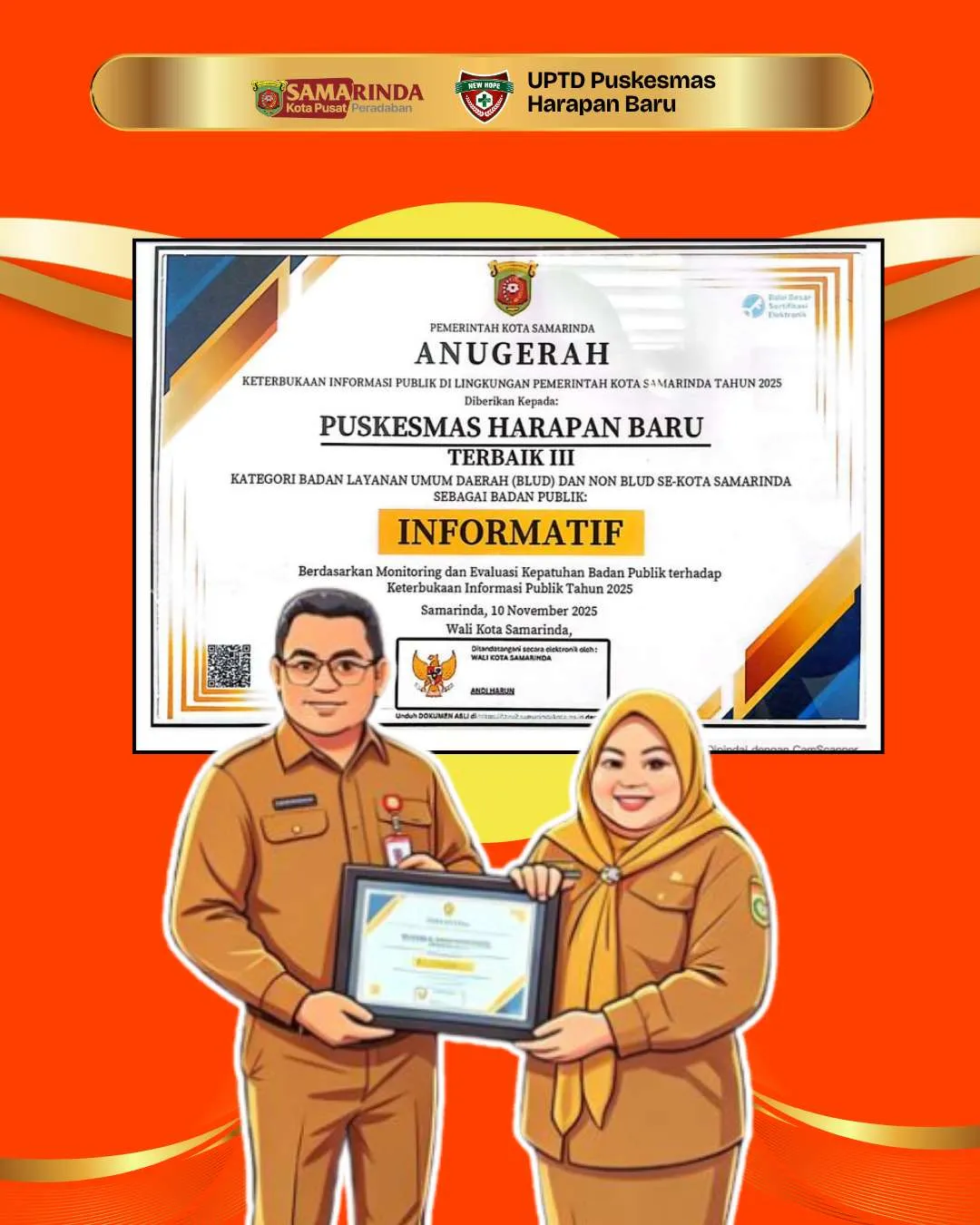 Puskesmas Harapan Baru Raih Penghargaan terbaik III sebagai Badan Publik Informatif se-Kota Samarinda Tahun 2025