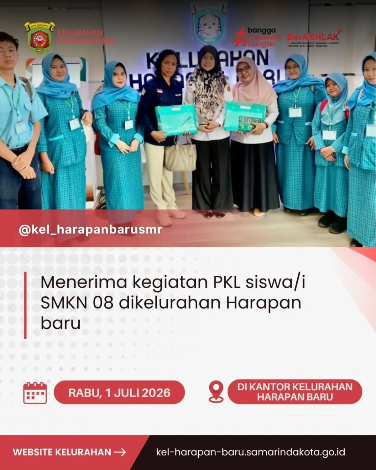 Sekretaris Kelurahan Harapan Baru, Menerima siswa/i SMKN 8 dalam kegiatan praktek kerja lapangan (PKL) di kel.harapan baru