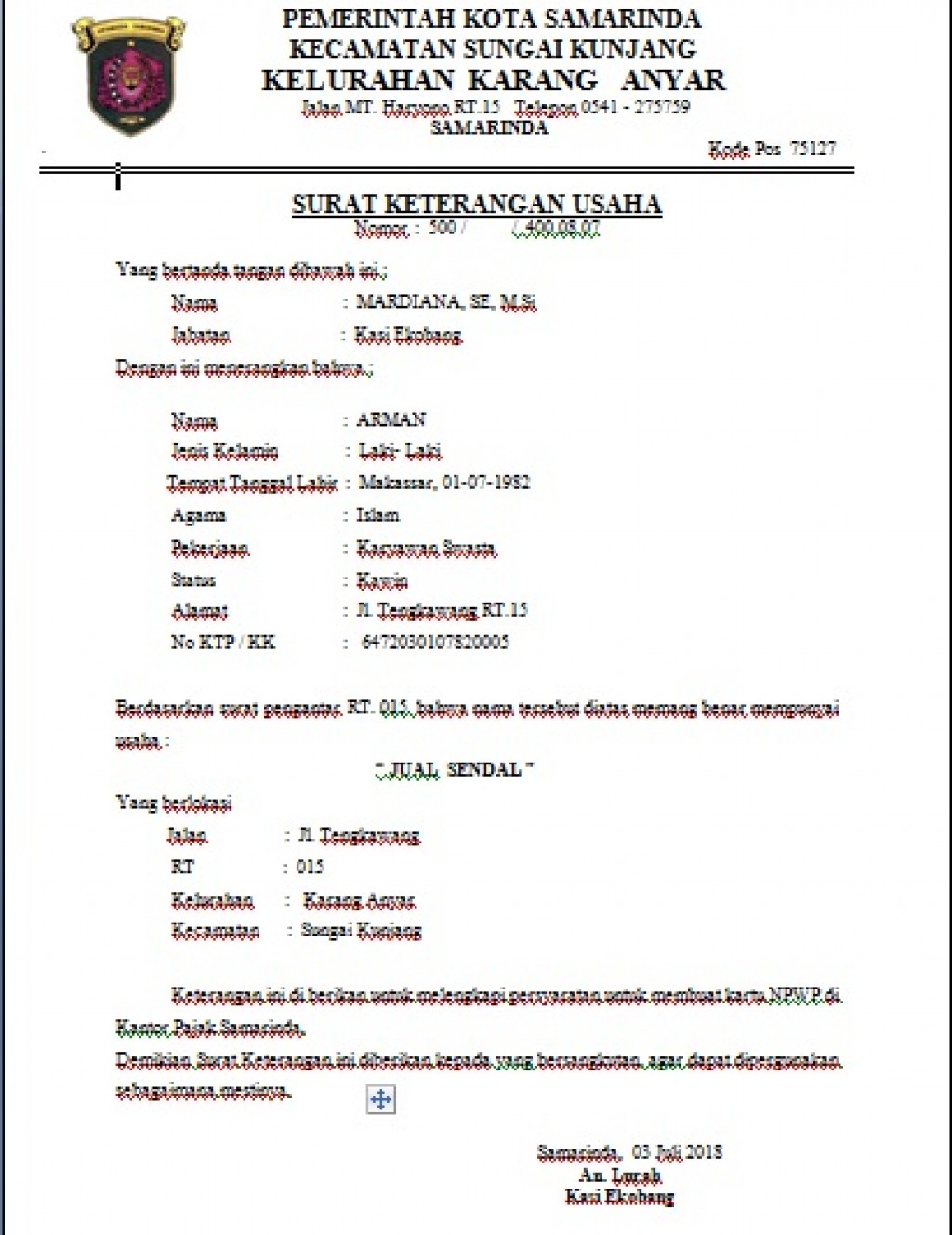 Surat Keterangan Usaha tidak ada lagi di Kelurahan