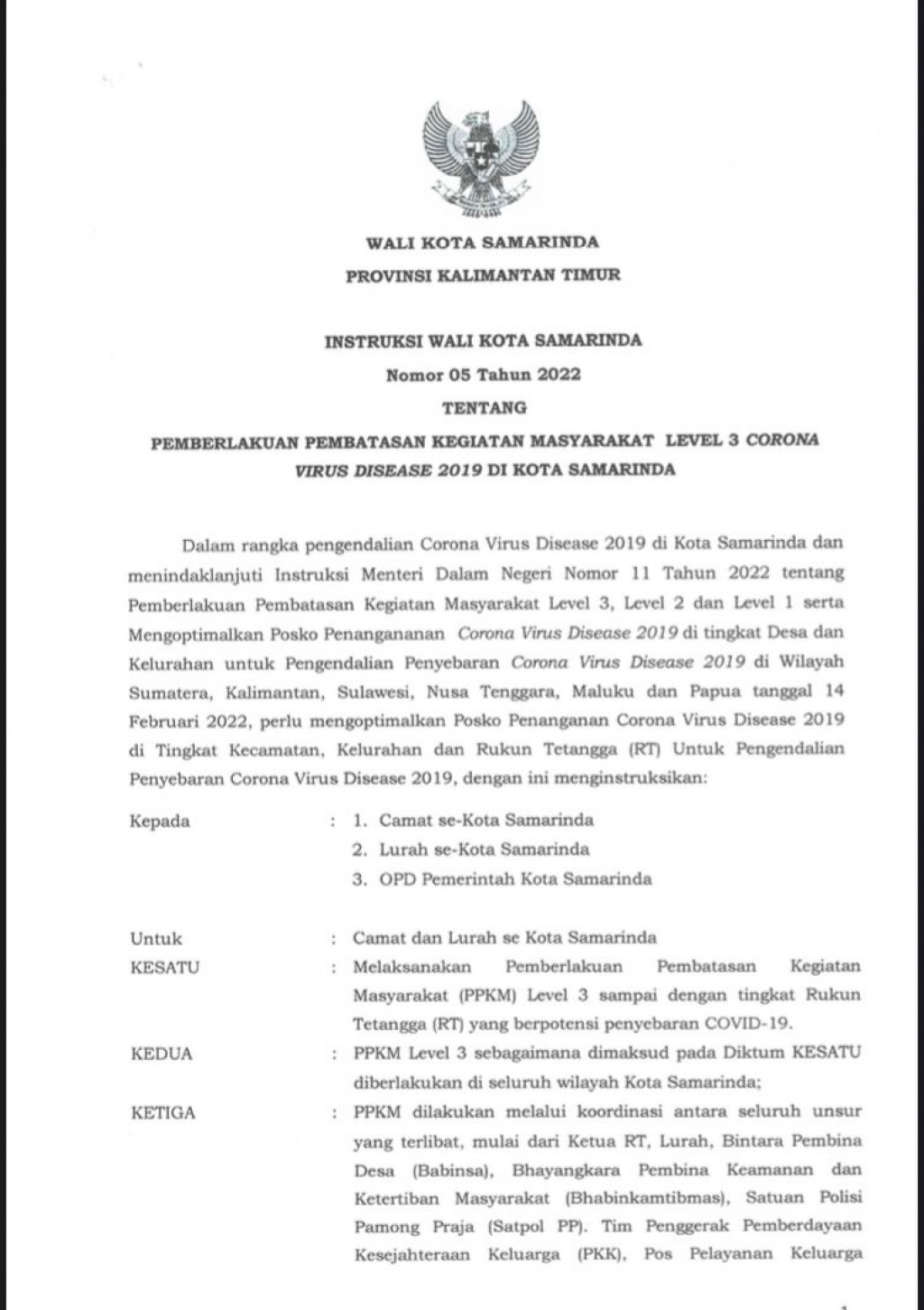 Penerapan PPKM Level 3 di Kota Samarinda