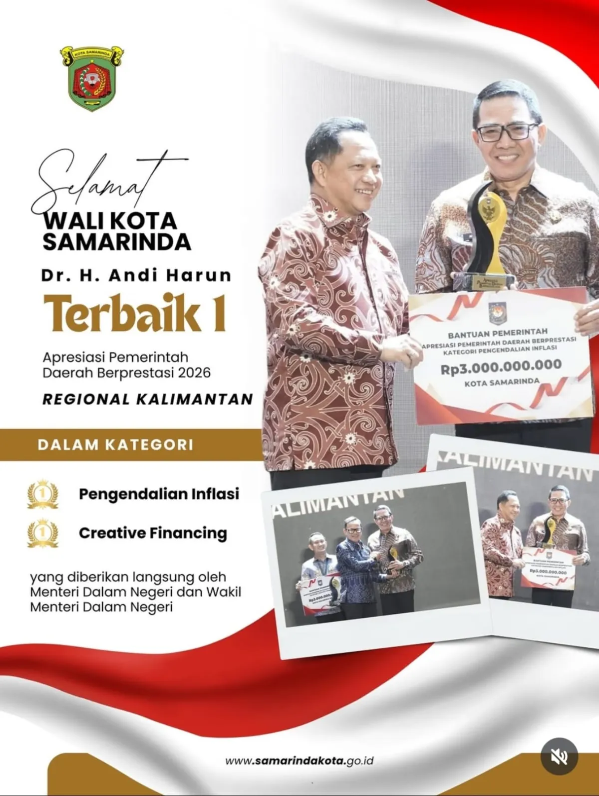 Samarinda Raih Dua Penghargaan Terbaik I pada Apresiasi Pemerintah Daerah Berprestasi 2026 Regional Kalimantan