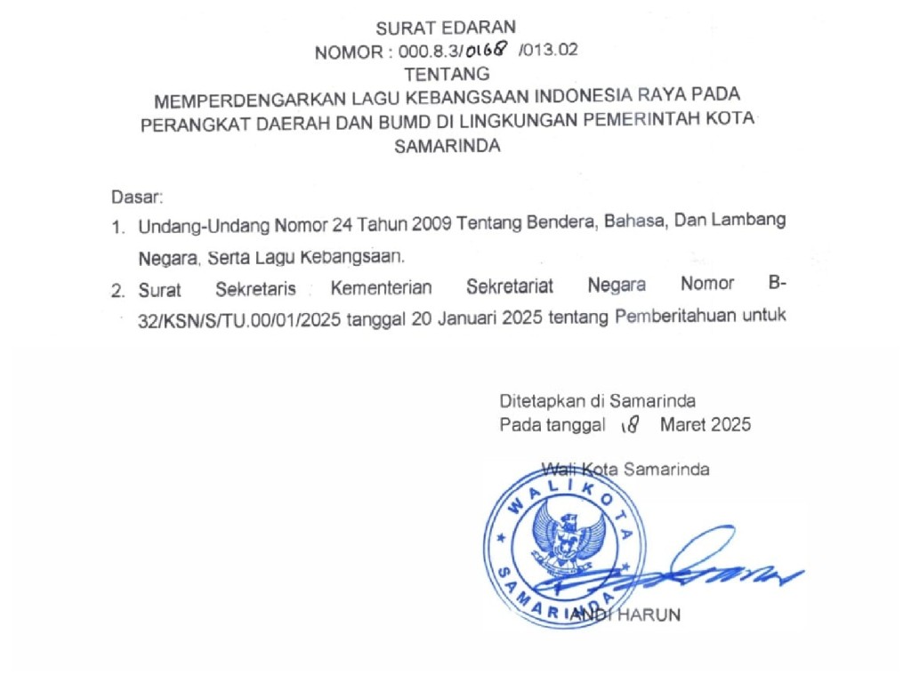 Melaksanakan Surat Edaran Wali Kota Samarinda Nomor : 0083/0168/013.02