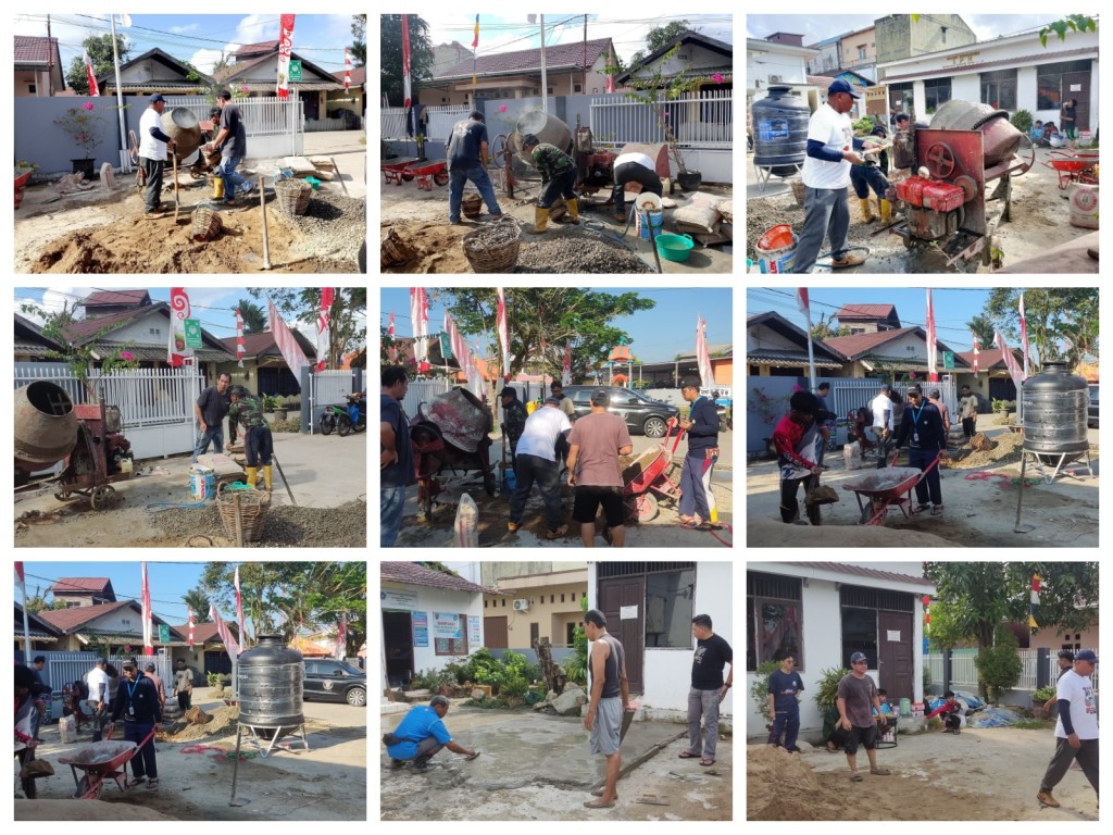 Gotong royong pengecoran semen halaman Kantor Kelurahan Karang Asam Ilir