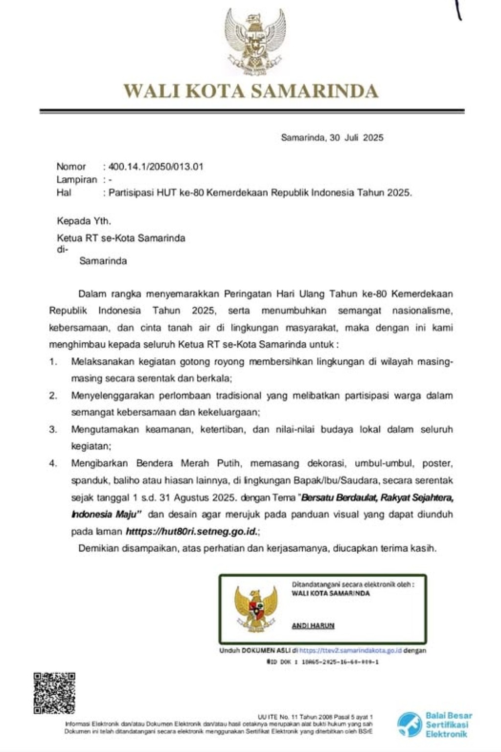 Kepada Yth. Bapak dan Ibu Ketua RT Se Kelurahan Karang Asam Ilir