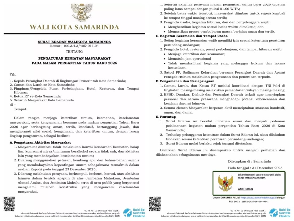 SE Wali Kota Samarinda Nomor : 100.3.4.3/4054011.04