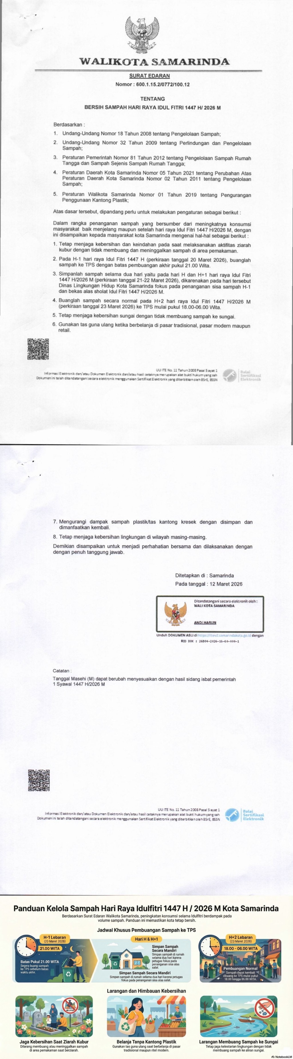 Surat Edaran Wali Kota Samarinda Nomor : 600.1.15.2/0772/100.12 tentang Bersih Sampah Hari Raya Idul Fitri 1447 H/2026 M