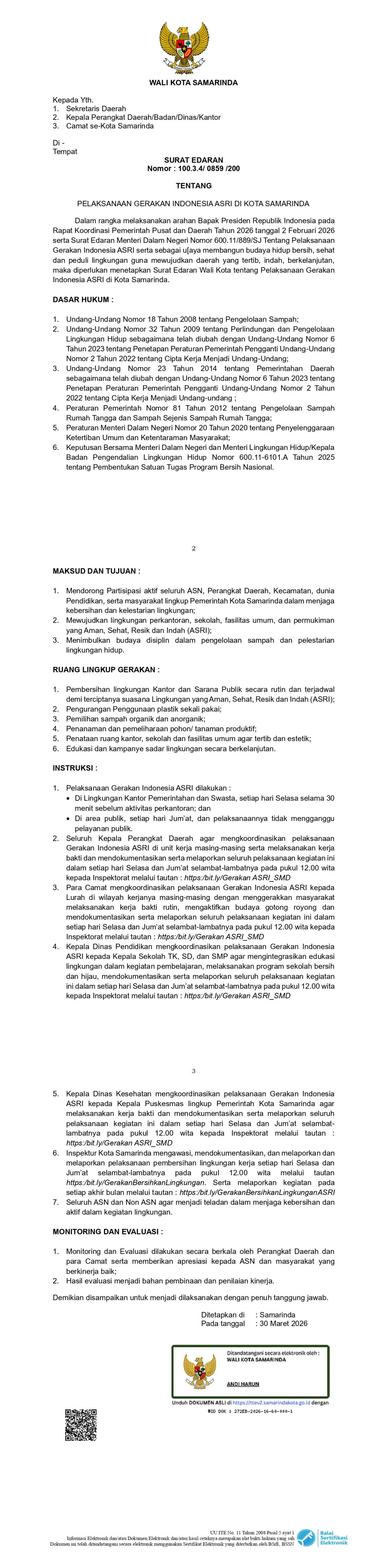 SE Wali Kota Samarinda Nomor 100.3.4/0859/200 tentang Pelaksanaan Gerakan Indonesia ASRI di Kota Samarinda