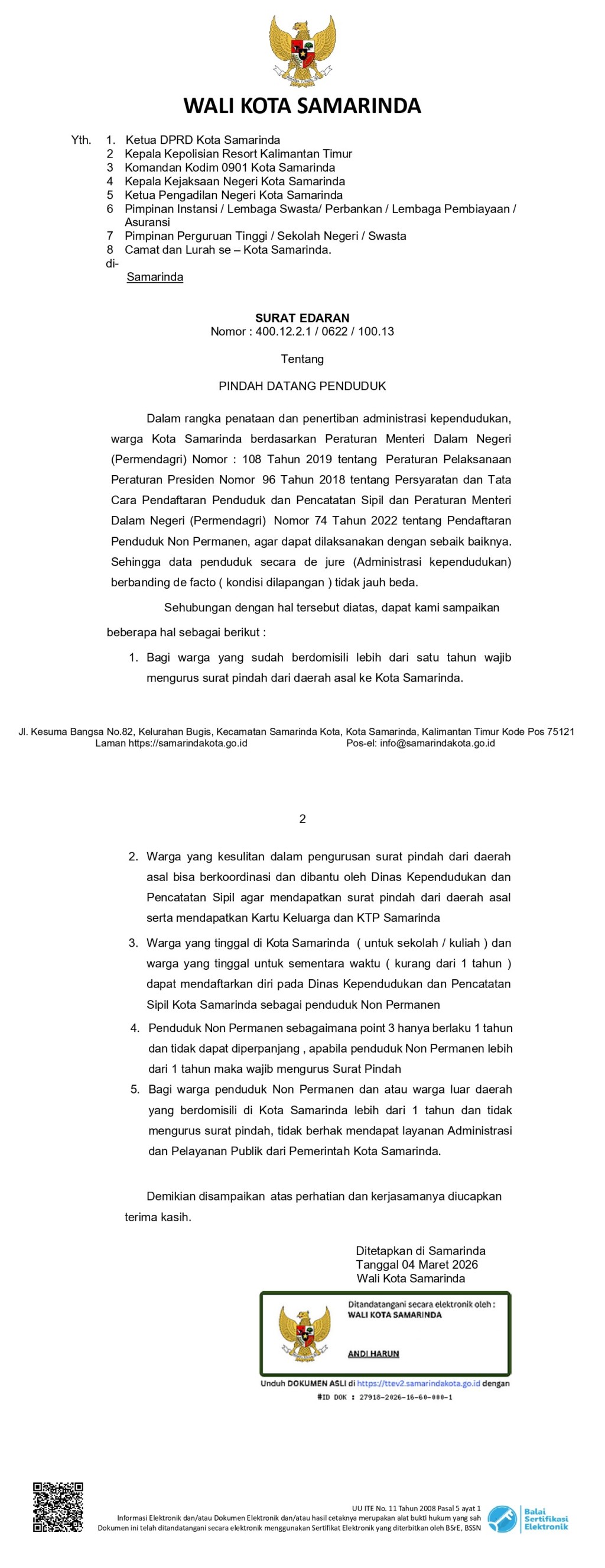 SE Wali Kota Samarinda Nomor 400.12.2.1/0622/100.13 tentang Pindah Datang Penduduk