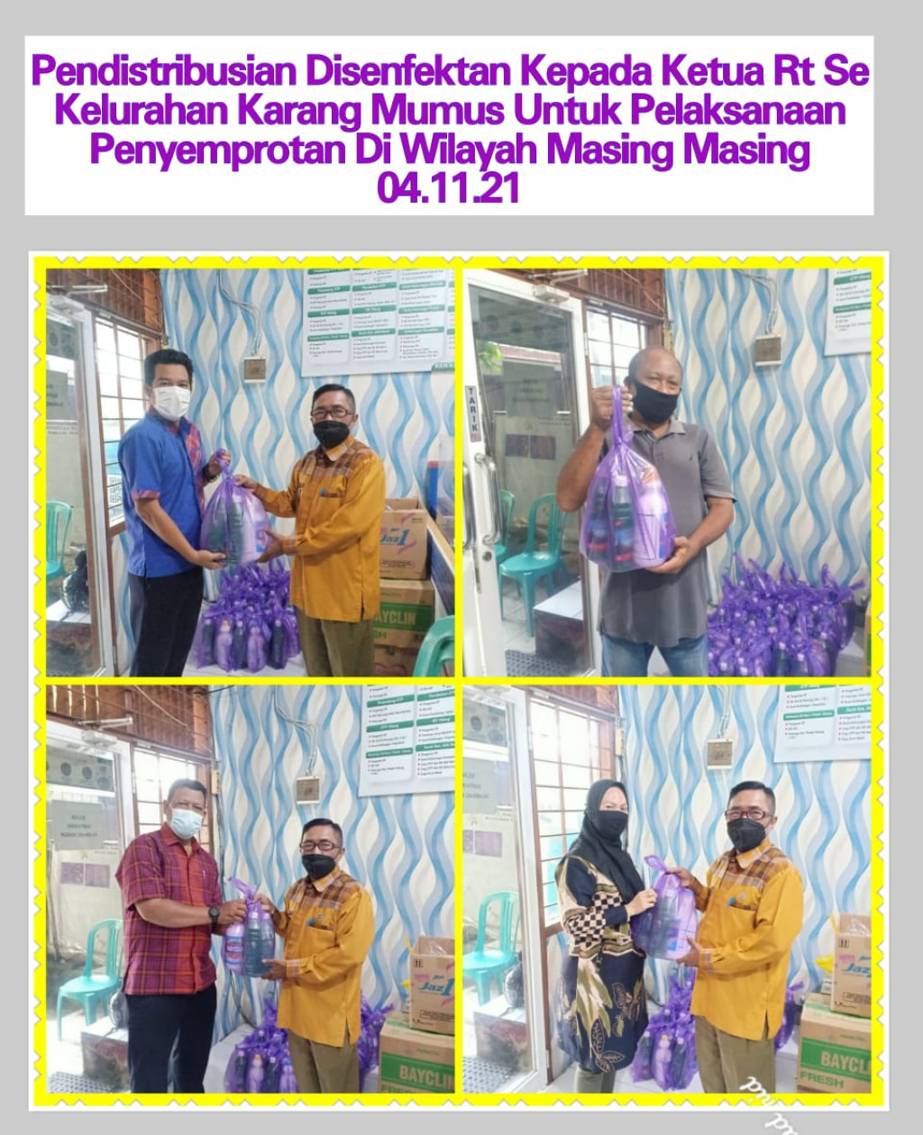 Pendistribusian Cairan Disinfektan untuk Ketua Rt Di Wilayah Kelurahan Karang Mumus