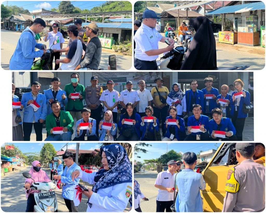 PEMBAGIAN BENDERA MERAH PUTIH KEPADA PENGGUNA JALAN DI PUTARAN SIMPANG TIGA JALAN PLAMBOYAN DEPAN KANTOR KELURAHAN LOA BUAH
