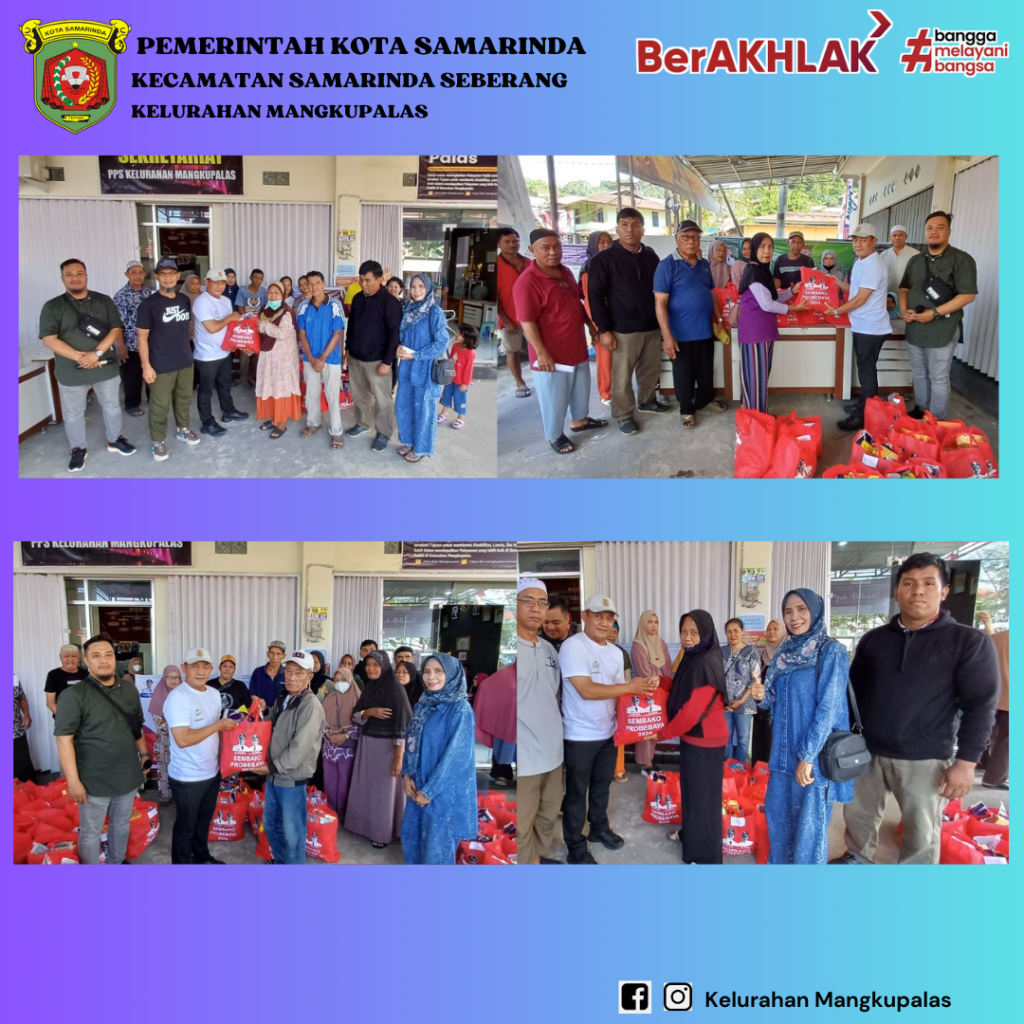 Pembagian Sembako Probebaya secara simbolis oleh Lurah Mangkupalas kepada anggota Pokmas Tugu Alhamdulilah dan Pokmas Nusantara di Kelurahan Mangkupalas.