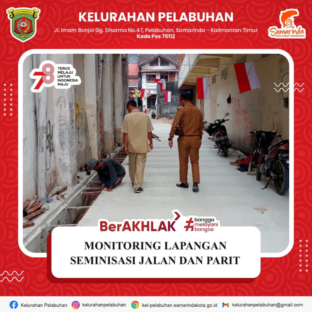 Monitoring lapangan proses pelepasan bekesting cor parit dan semenisasi jalan gang di Gg. Gembira RT. 20 Jl. Imam Bonjol, persiapan pengecoran jalan gang lanjutan.