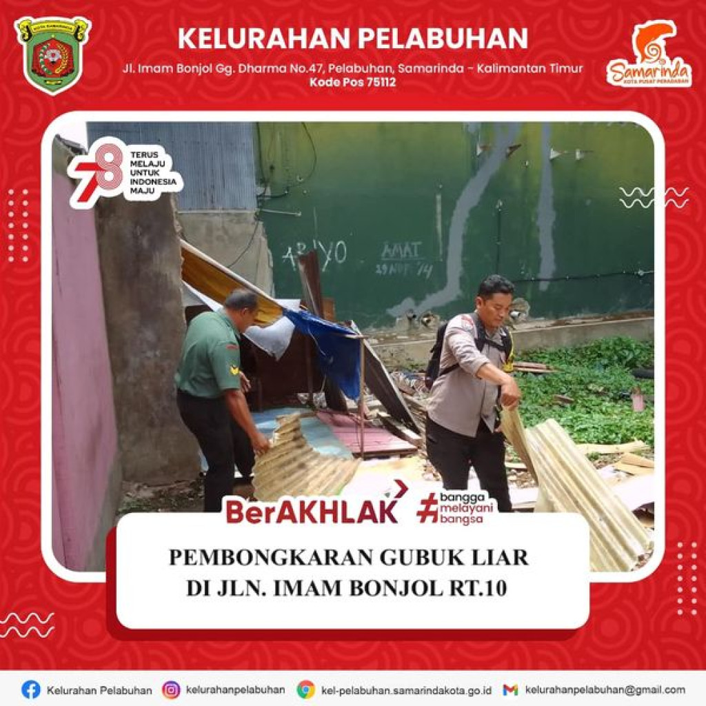 Pembongkaran gubuk liar di jln imam bonjol RT. 10 Kelurahan Pelabuhan.
