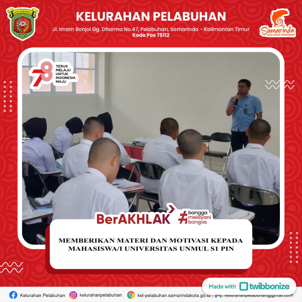 Lurah Pelabuhan Kecamatan Samarinda Kota, Harry Santoso Abidin, S.Sos., M.Si., memberikan materi dan motivasi kepada mahasiswa dan mahasiswi Universitas Mulawarman Samarinda, program studi S1 Pemerintahan (PIN).