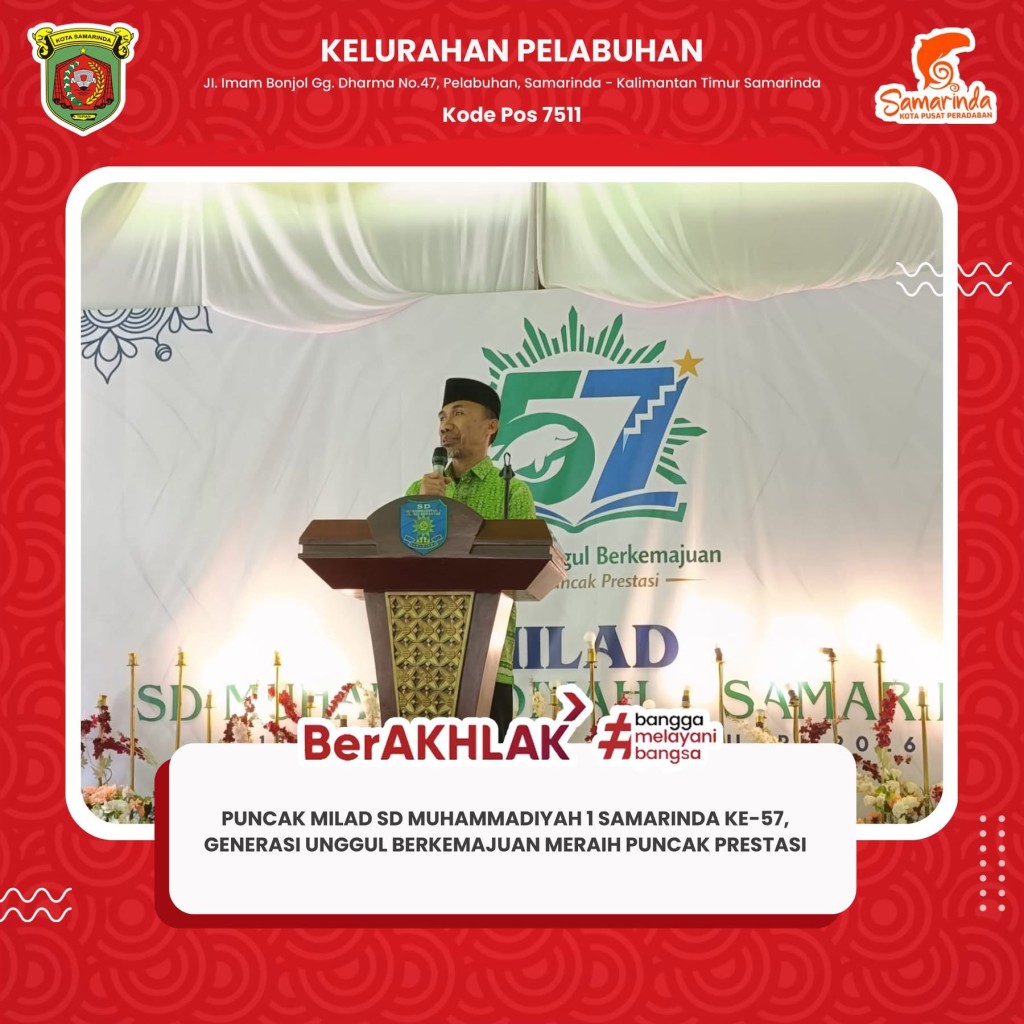 Lurah Pelabuhan, Harry Santoso Abidin, S.Sos., M.Si., menghadiri Puncak Milad SD Muhammadiyah 1 Samarinda ke-57 dengan tema “Generasi Unggul Berkemajuan Meraih Puncak Prestasi”.