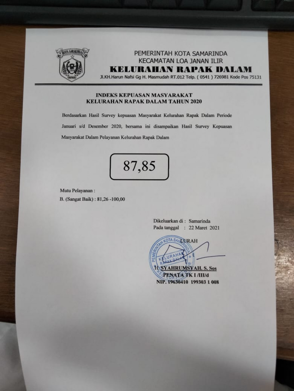 Hasil IKM Kelurahan Rapak Dalam Tahun 2020