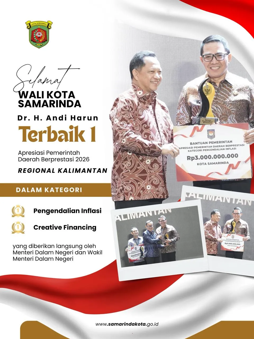 Wali Kota Samarinda Terima 2 Penghargaan, Raih Total Apresiasi Rp6 Miliar
