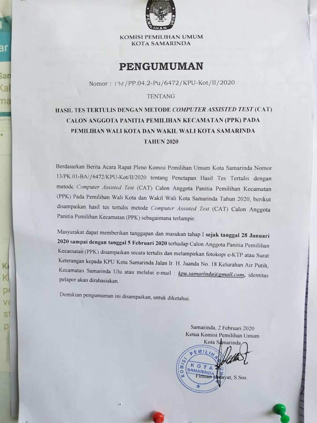 Calon Anggota PPK Kecamatan Samarinda Kota yang lulus test CAT