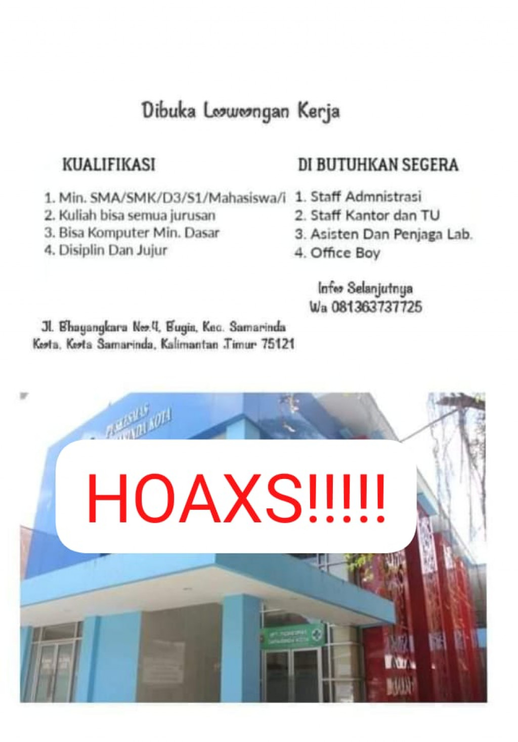 Klarifikasi Hoax Lowongan Kerja Di Facebook (FB) Mengatasnamakan Puskesmas Samarinda Kota