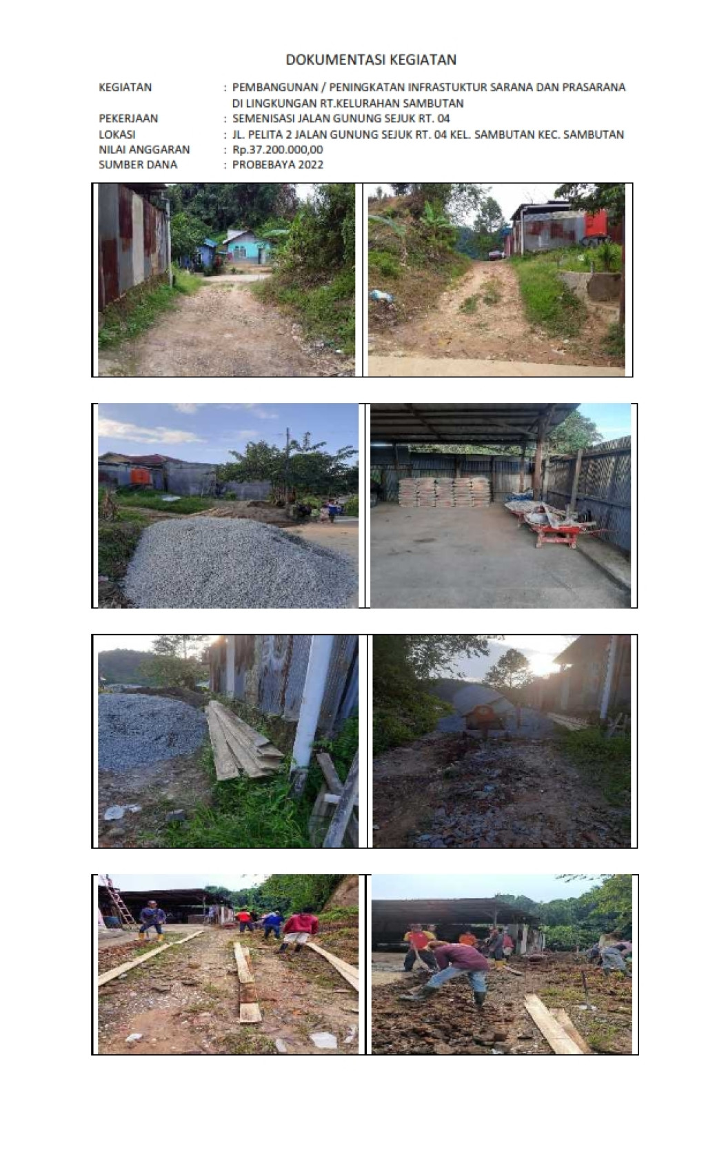 Kegiatan Probebaya Tahun 2022 Semenisasi Jalan Gunung Sejuk RT 04