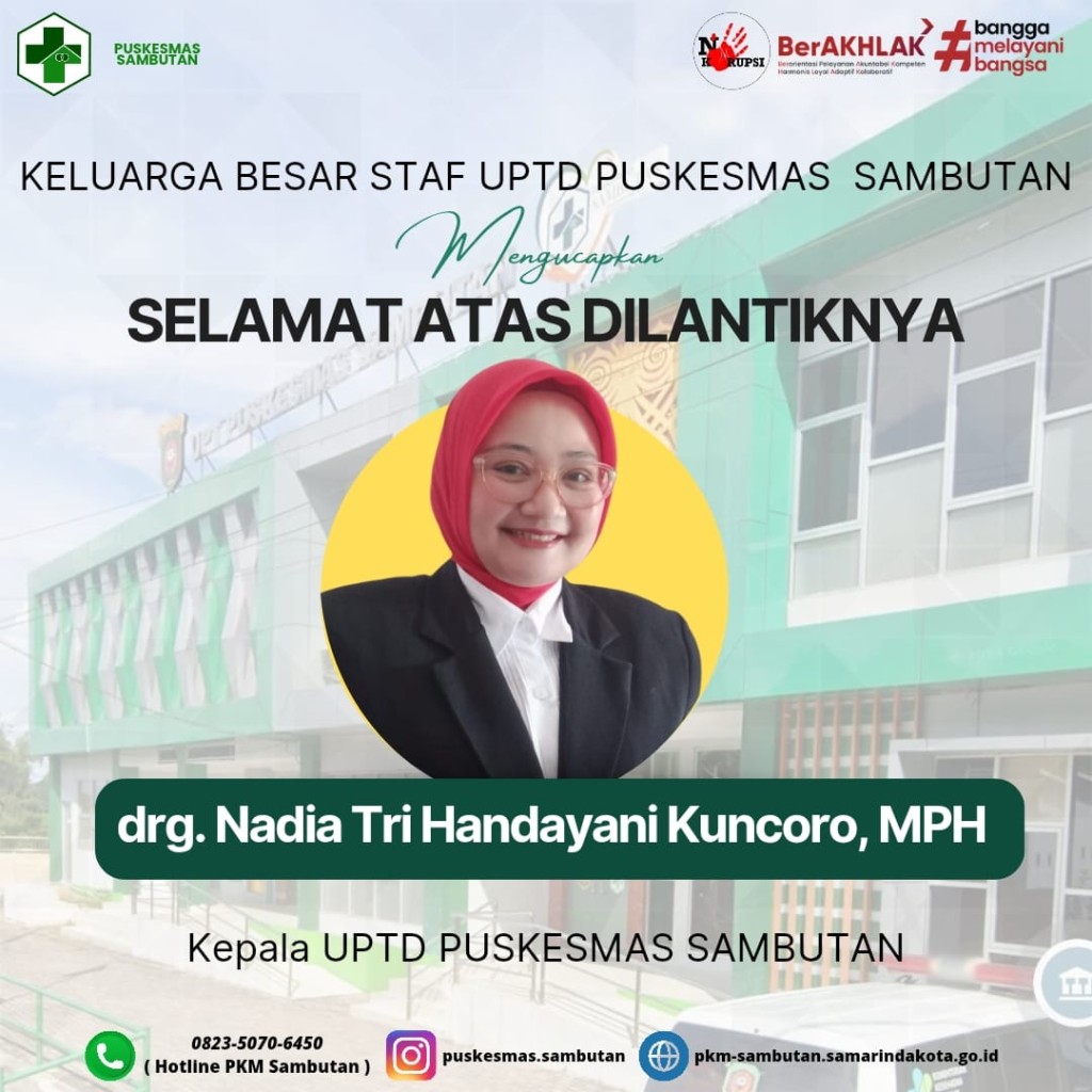 Selamat Atas Dilantiknya drg. Nadia Tri Handayani Kuncoro, MPH sebagai Kepala UPTD. Puskesmas Sambutan