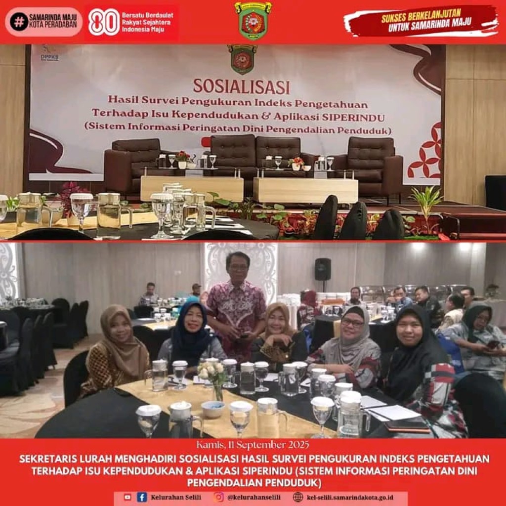 Sosialisasi Hasil Survei Pengukuran Indeks Pengetahuan Terhadap Isu Kependudukan dan Aplikasi SIPERINDU (Sistem Informasi Peringatan Dini Pengendalian Penduduk) yang dihadiri oleh Sekretaris Kelurahan Selili (11/09/2025)