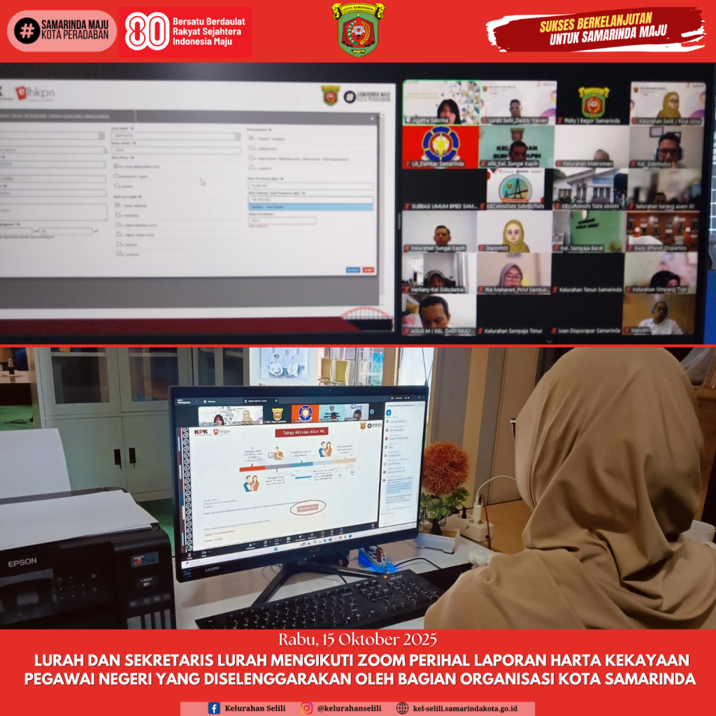 Lurah dan Sekretaris Lurah Mengikuti zoom perihal laporan harta kekayaan pegawai negeri yang diselenggarakan oleh bagian organisasi kota Samarinda (15/10/2025)