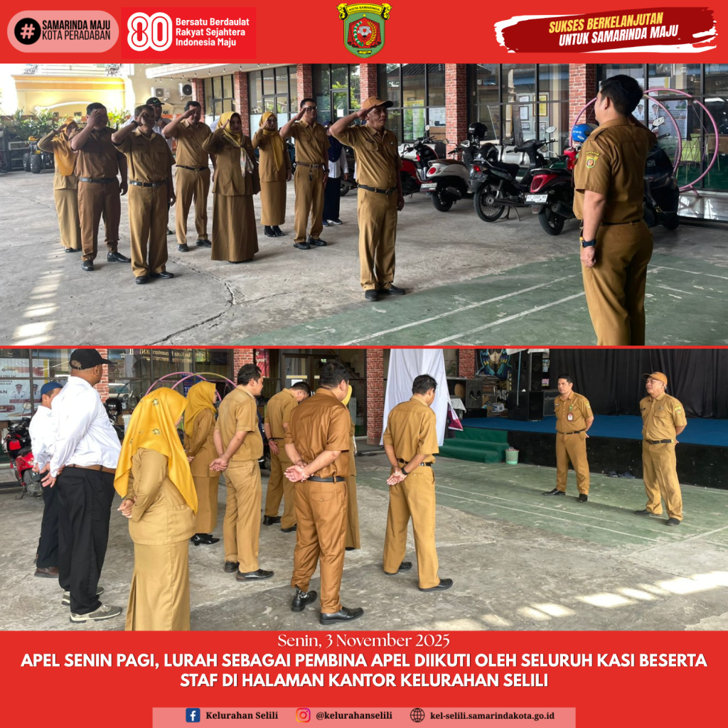 Apel Senin Pagi, Lurah Sebagai Pembina Apel diikuti oleh seluruh Kasi beserta Staf di Halaman Kantor Kelurahan Selili (03/11/2025)