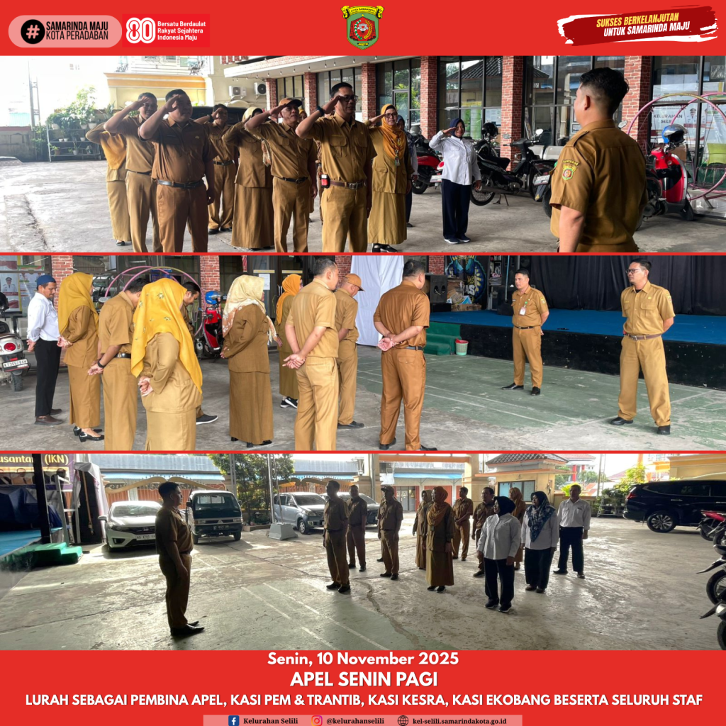 Apel Senin Pagi Lurah sebagai pembina apel, di pimpin oleh Kasi Pem & Trantib, diikuti Kasi Kesra dan Kasi Ekobang serta seluruh staf (10/11/2025)