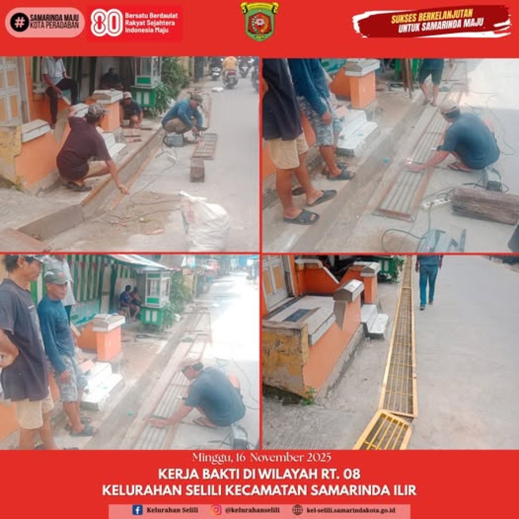 KERJA BAKTI DI RT 08 KELURAHAN SELILI: PEMASANGAN BESI PENUTUP DRAINASE UNTUK CEGAH GENANGAN AIR (16/11/25)