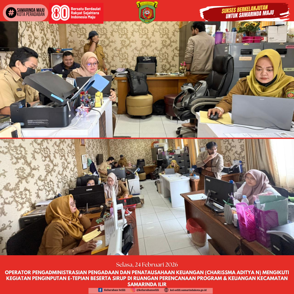 Operator pengadministrasi pengadaan dan penatausahaan keuangan (charissma Aditya N) mengikuti kegiatan penginputan e-Tepian beserta SiRUP di Ruangan Perencanaan Program & Keuangan Kecamatan Samarinda Ilir (24/02/2026)