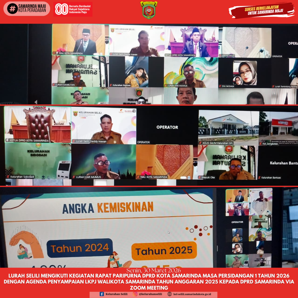 LURAH SELILI MENGIKUTI KEGIATAN RAPAT paripurna dprd kota samarinda masa persidangan 1 tahun 2026 dengan agenda penyampaian lkpj walikota samarinda tahun anggaran 2025 kepada dprd samarinda via zoom meeting (30/03/2026)