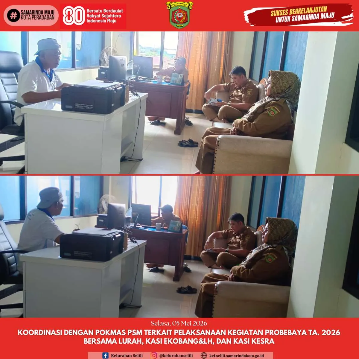 Koordinasi dengan Pokmas PSM terkait pelaksanaan Kegiatan Probebaya TA. 2026 bersama Lurah, Kasi Ekobang&LH, dan Kasi Kesra (05/05/2026)