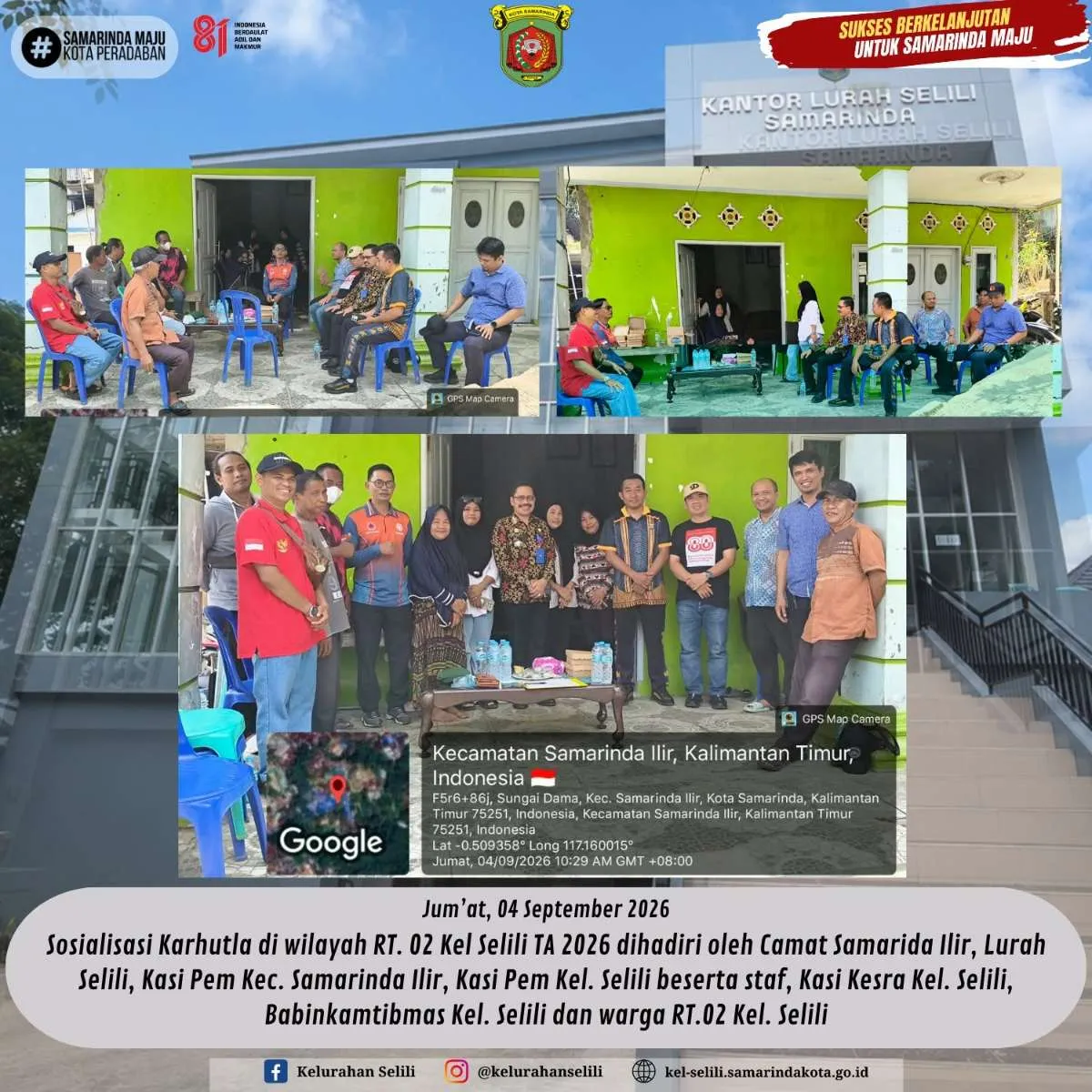  Sosialisasi Karhutla di wilayah RT. 02 Kel Selili 2026 dihadiri oleh Camat SamariNda Ilir, Lurah, Kasi Pem Kec. Samarinda Ilir, Kasi Pem Kel. Selili beserta staf, Kasi Kesra Kel. Selili, Babinkamtibmas Kel. Selili dan warga RT.02 Kel. Selili (04/09/2026)