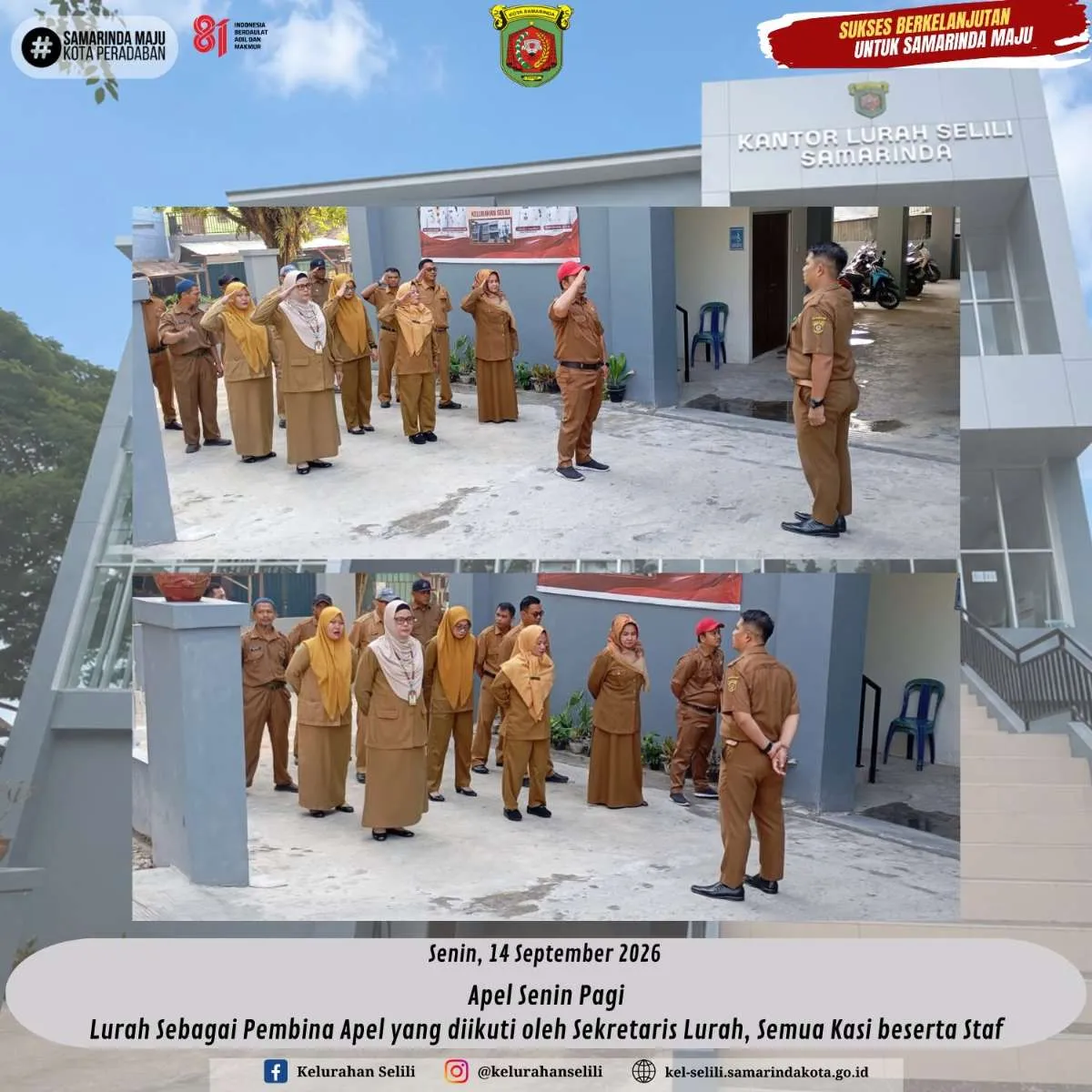 Apel Senin Pagi,Lurah Sebagai Pembina Apel yang diikuti oleh Sekretaris Lurah, Semua Kasi beserta Staf. (14/09/2026)
