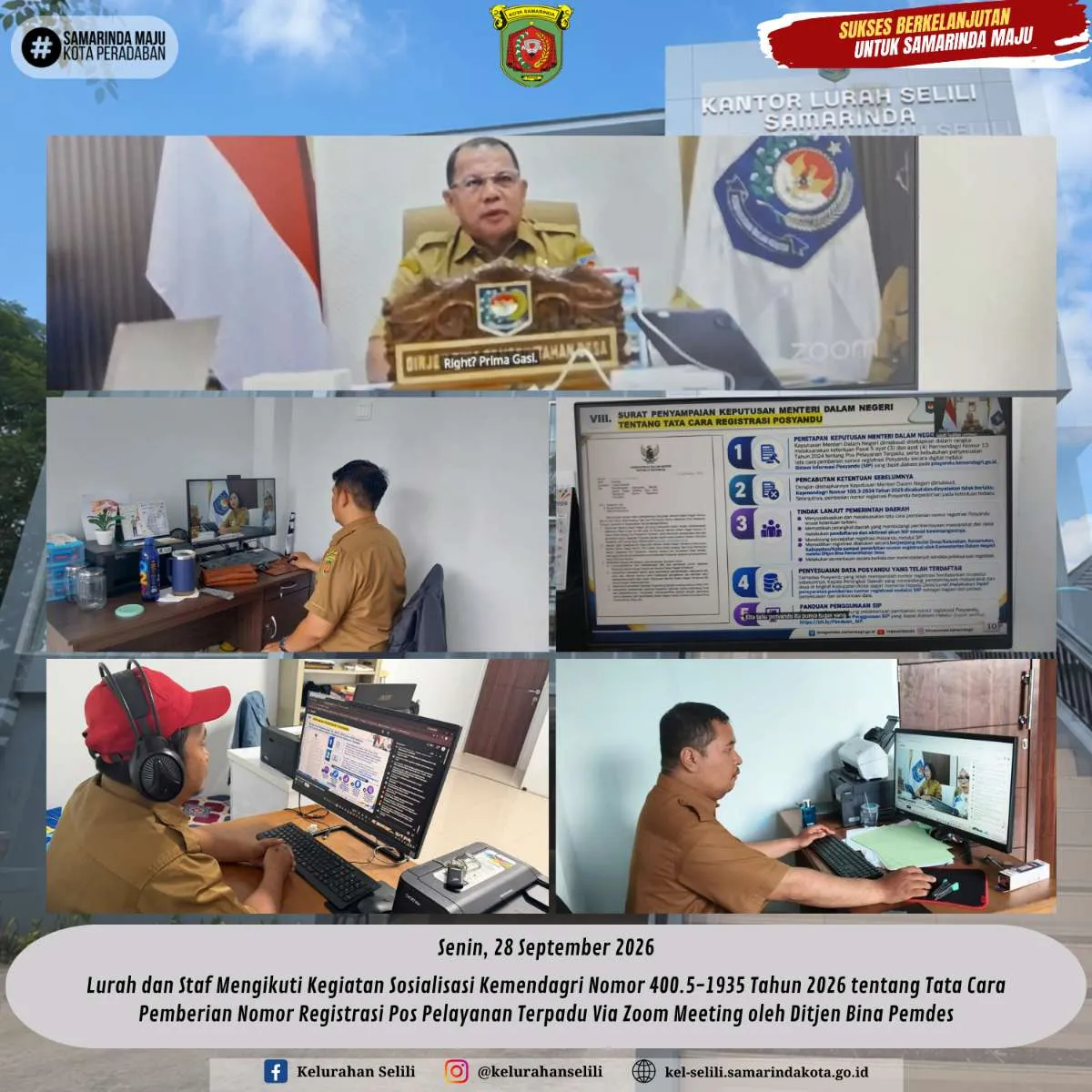 Lurah dan Staf Mengikuti Kegiatan Sosialisasi Kemendagri Nomor 400.5-1935 Tahun 2026 tentang Tata Cara Pemberian Nomor Registrasi Pos Pelayanan Terpadu Via Zoom Meeting oleh Ditjen Bina Pemdes (28/09/2026)