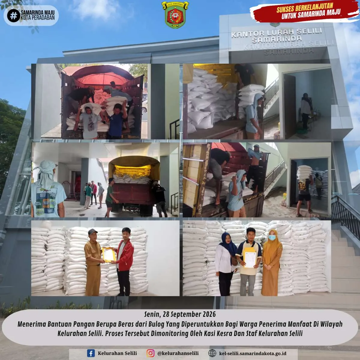 Menerima Bantuan Pangan Berupa Beras dari Bulog Yang Diperuntukkan Bagi Warga Penerima Manfaat Di Wilayah Kelurahan Selili. Proses Tersebut Dimonitoring Oleh Kasi Kesra Dan Staf Kelurahan Selili (28/09/2026)