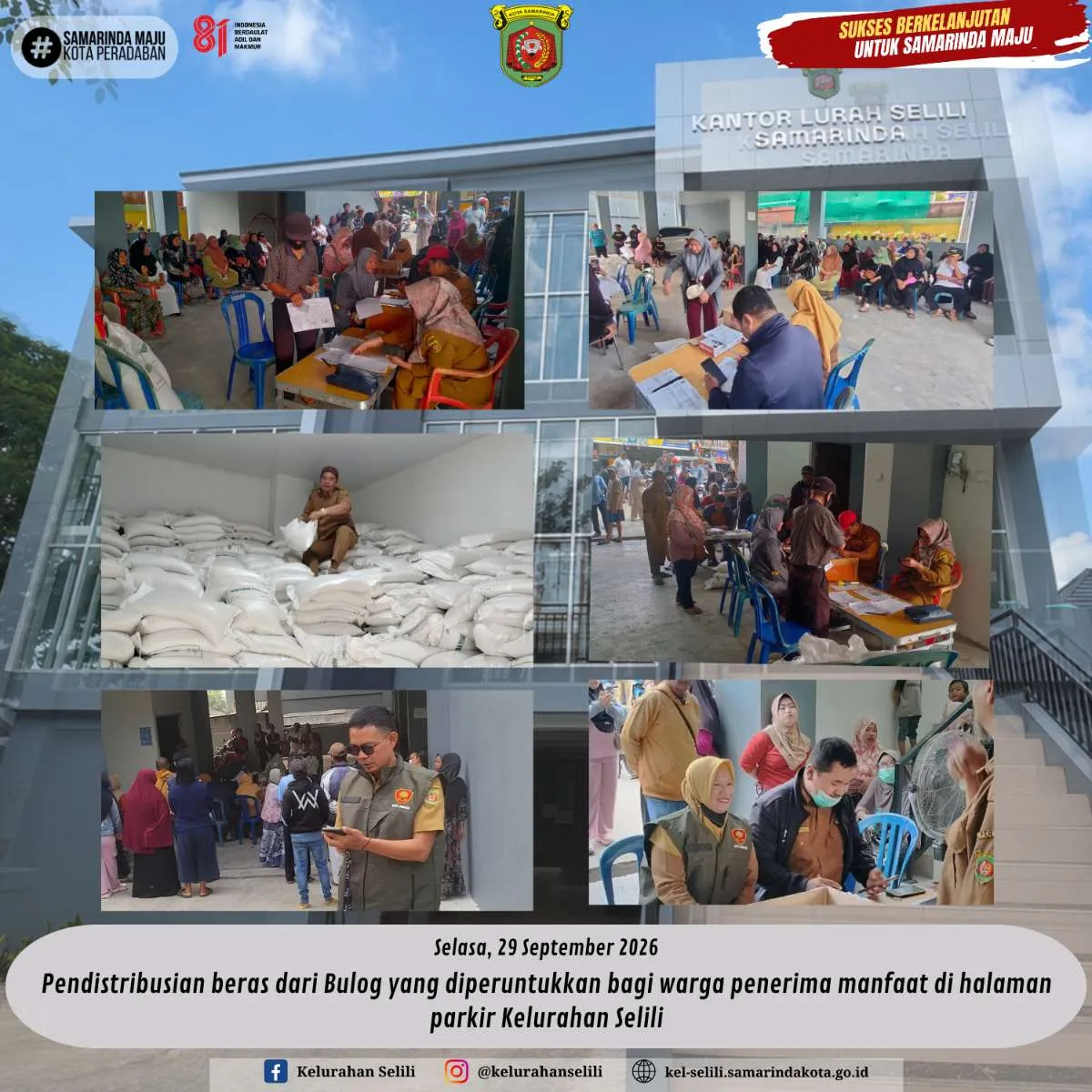 Pendistribusian beras dari Bulog yang diperuntukkan bagi warga penerima manfaat di halaman parkir Kelurahan Selili (29/09/2026)