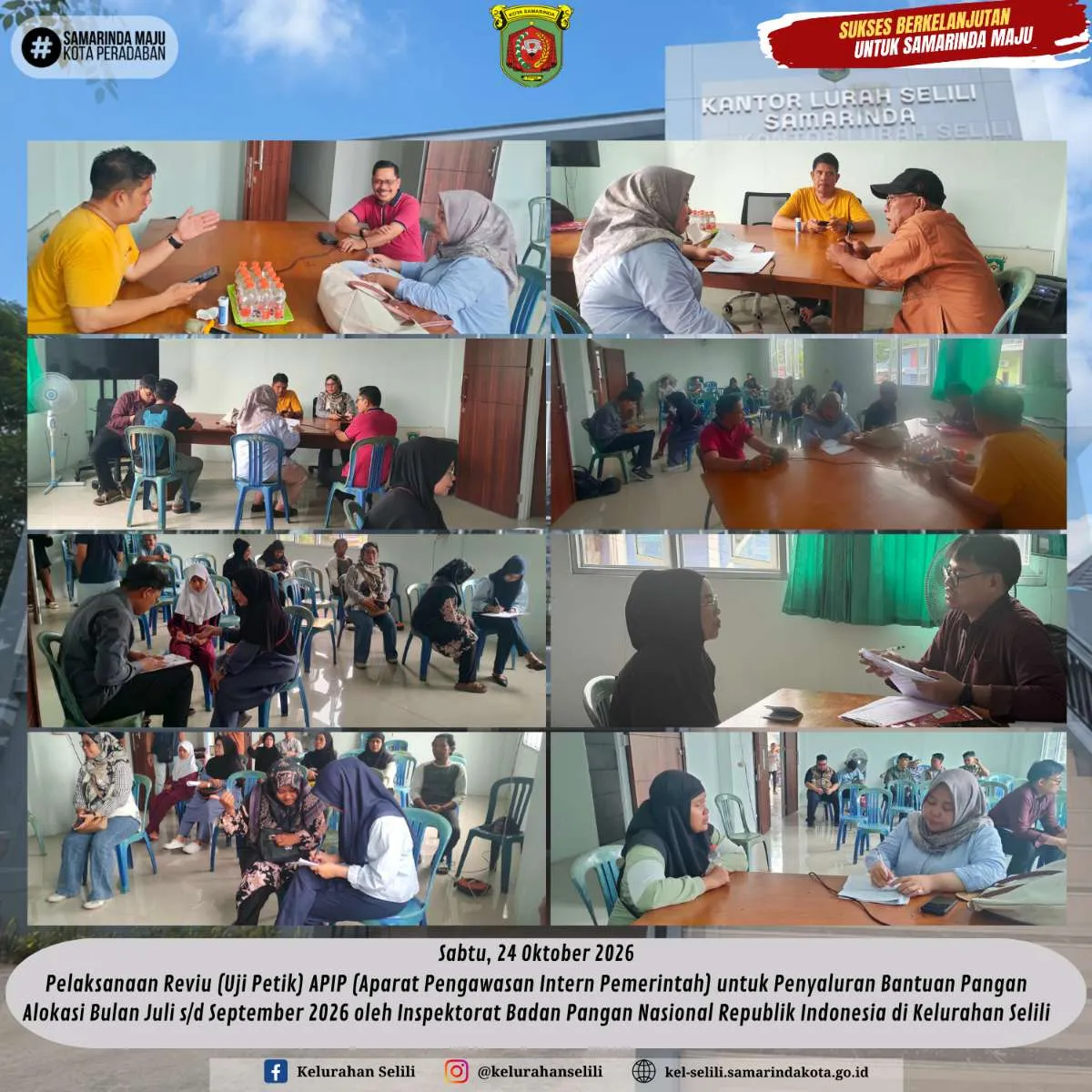 Pelaksanaan Reviu untuk Penyaluran Bantuan Pangan Alokasi Bulan Juli s/d September 2026 oleh Inspektorat Badan Pangan Nasional Republik Indonesia di Kelurahan Selili. Dengan menghadirkan 5 (lima) responden sesuai data terlampir. (24/10/2026)