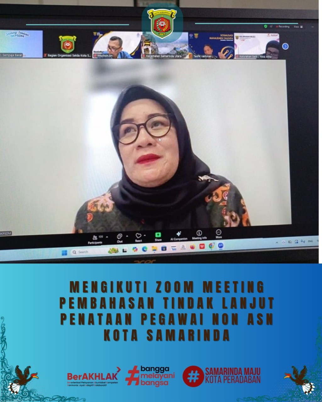 Giat, Kamis 08 Januari 2026 Mengikuti Zoom Meeting dengan Tema Pembahasan Tindak Lanjut Penataan Pegawai Non ASN Kota Samarinda diikuti oleh Sekretaris Lurah.