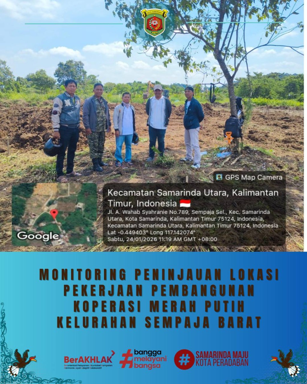 Peninjauan lokasi pekerjaan pembangunan gedung koperasi merah putih Kelurahan Sempaja Barat dihadiri Sekretaris, Kasi Tapem beserta staf dan Babinsa.