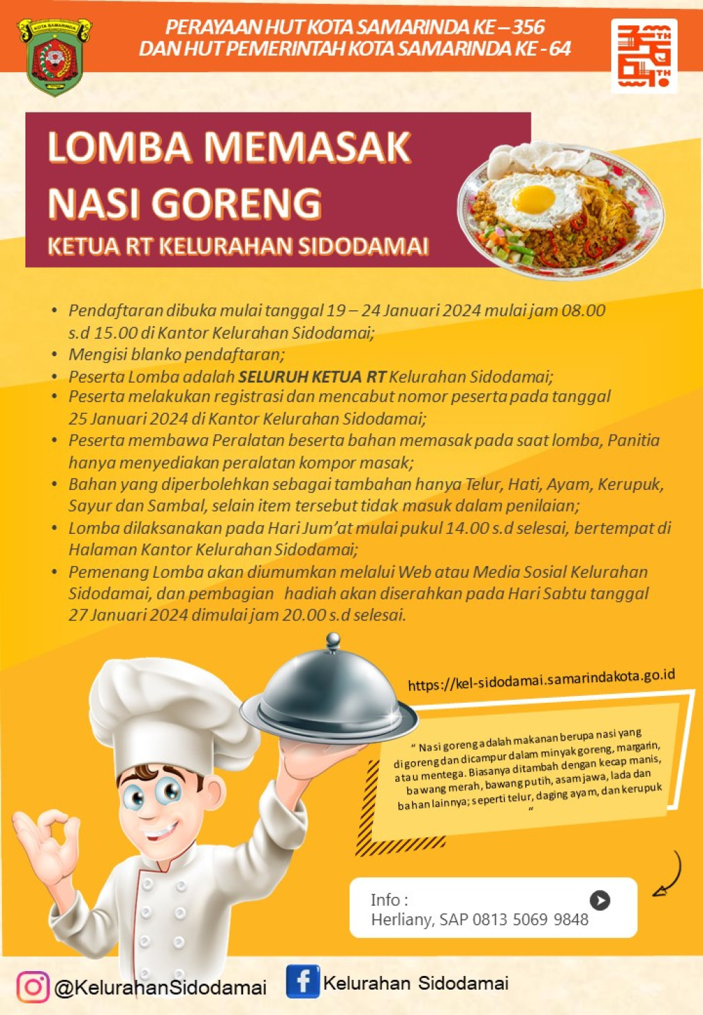 Dalam Rangka Memperingati HUT Kota Samarinda Ke - 356 & Pemkot Kota Samarinda Ke - 64 Kelurahan Sidodamai Menyelenggarakan Lomba Memasak Nasi Goreng