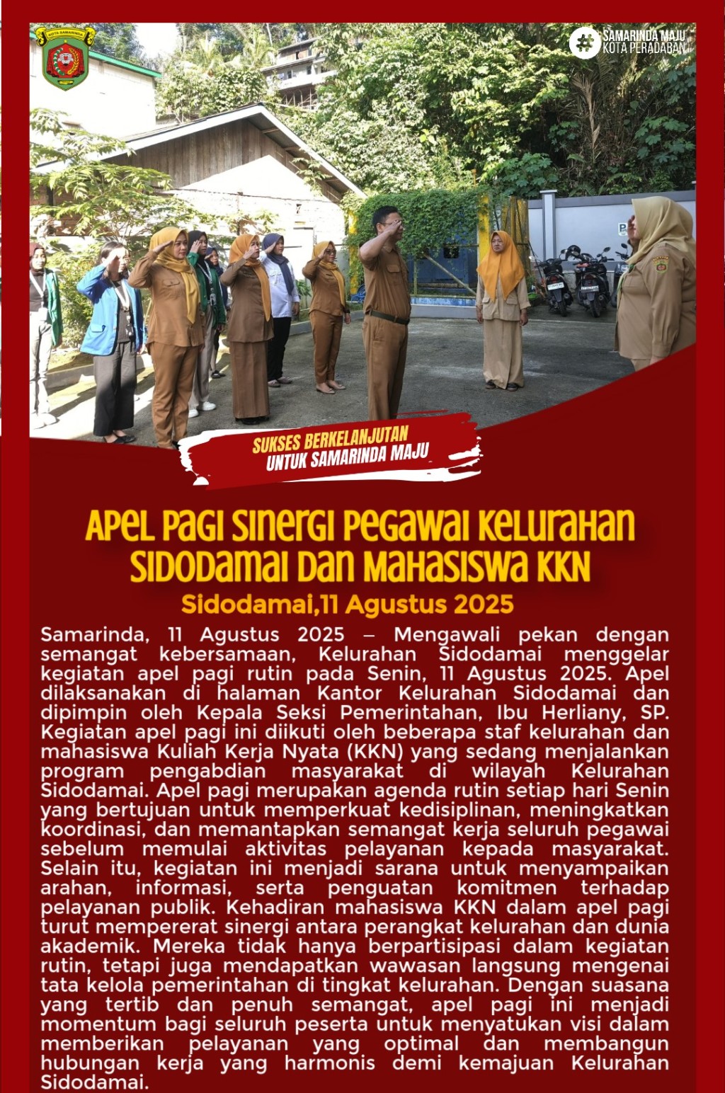 Apel Pagi Senin 11 Agustus 2025: Sinergi Pegawai Kelurahan Sidodamai dan Mahasiswa KKN untuk Pelayanan Publik yang Lebih Baik