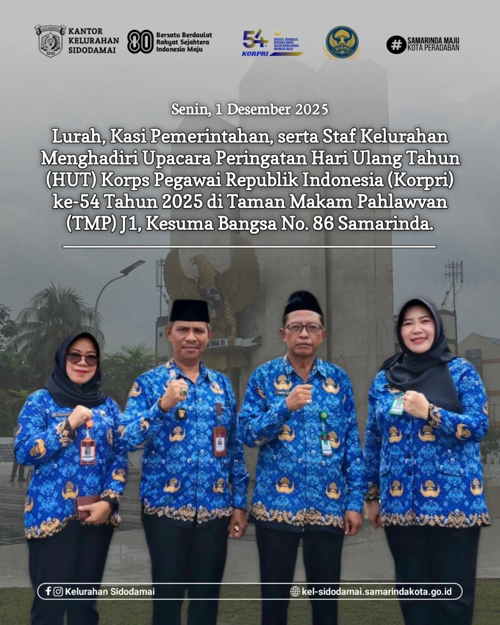 Lurah, Kasi Pemerintahan & Staf Kelurahan Sidodamai Hadiri Upacara HUT Korpri ke-54 di TMP Kesuma Bangsa Samarinda! 🇮🇩🎗️