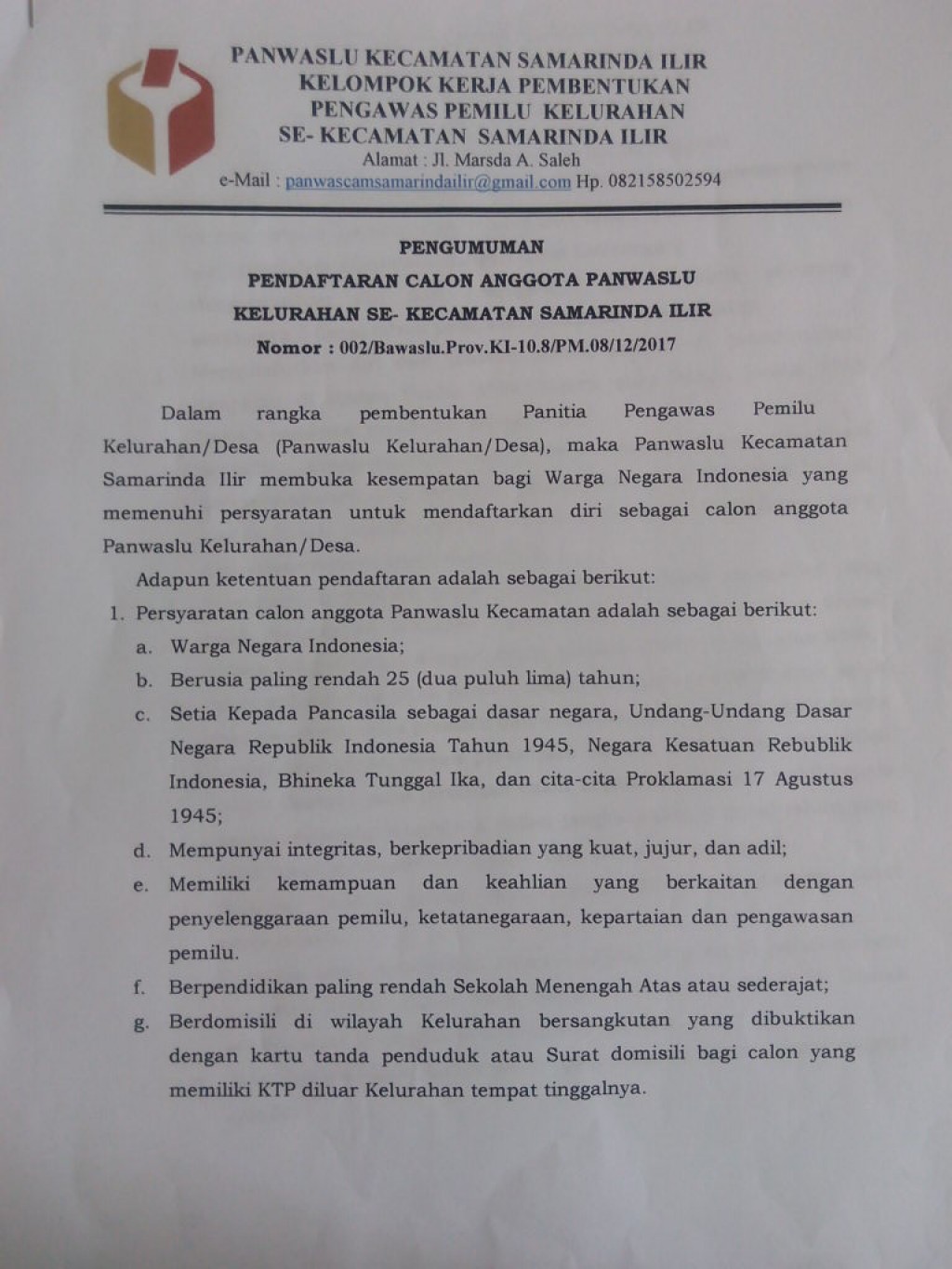 Pengumuman Pendaftaran Calon Panwaslu Kelurahan Se-Kecamatan Samarinda Ilir